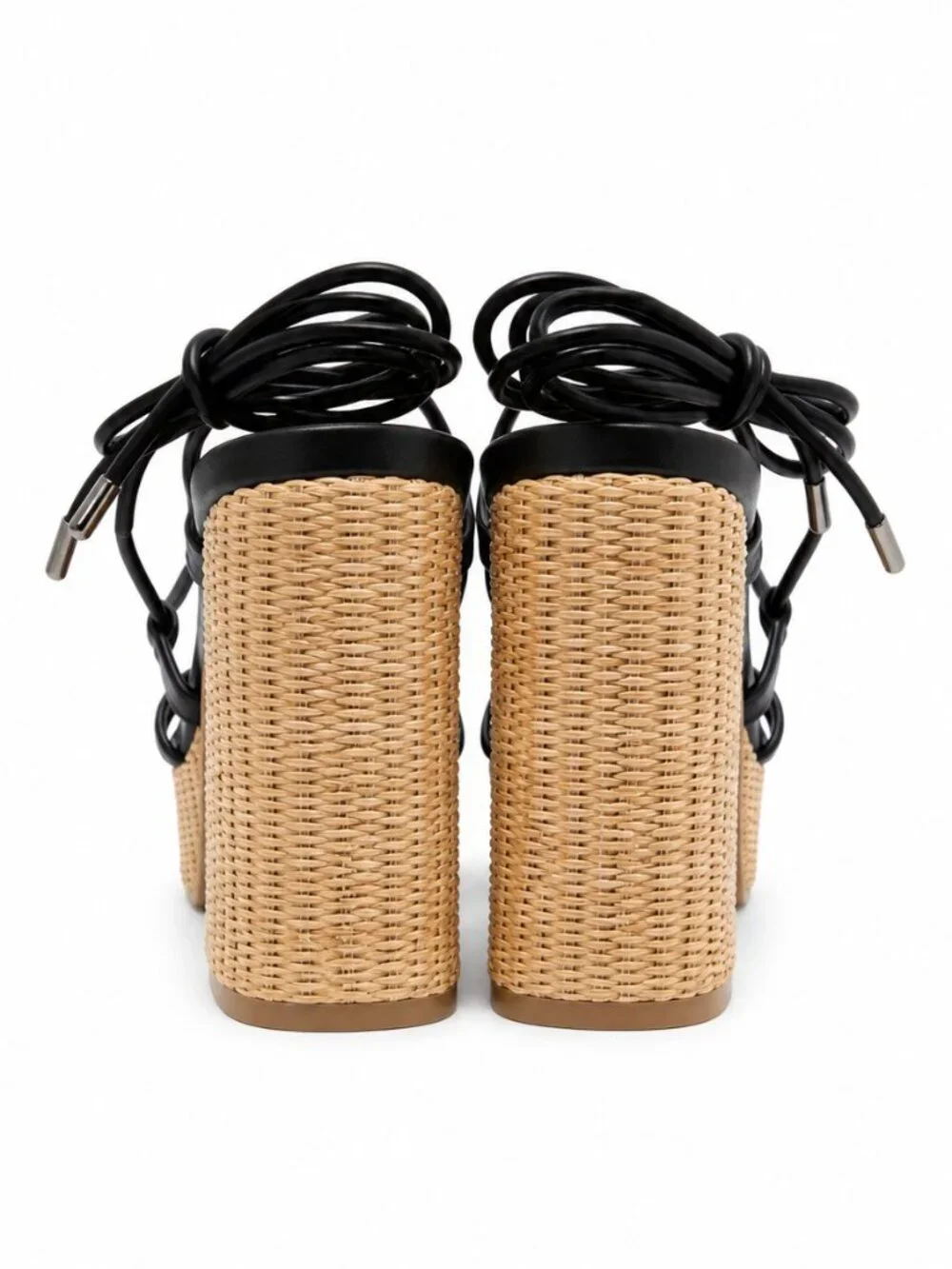Top Moda Black Lace Up Platform Sandals Woven Raffia Block Heel Gladiator 5.5